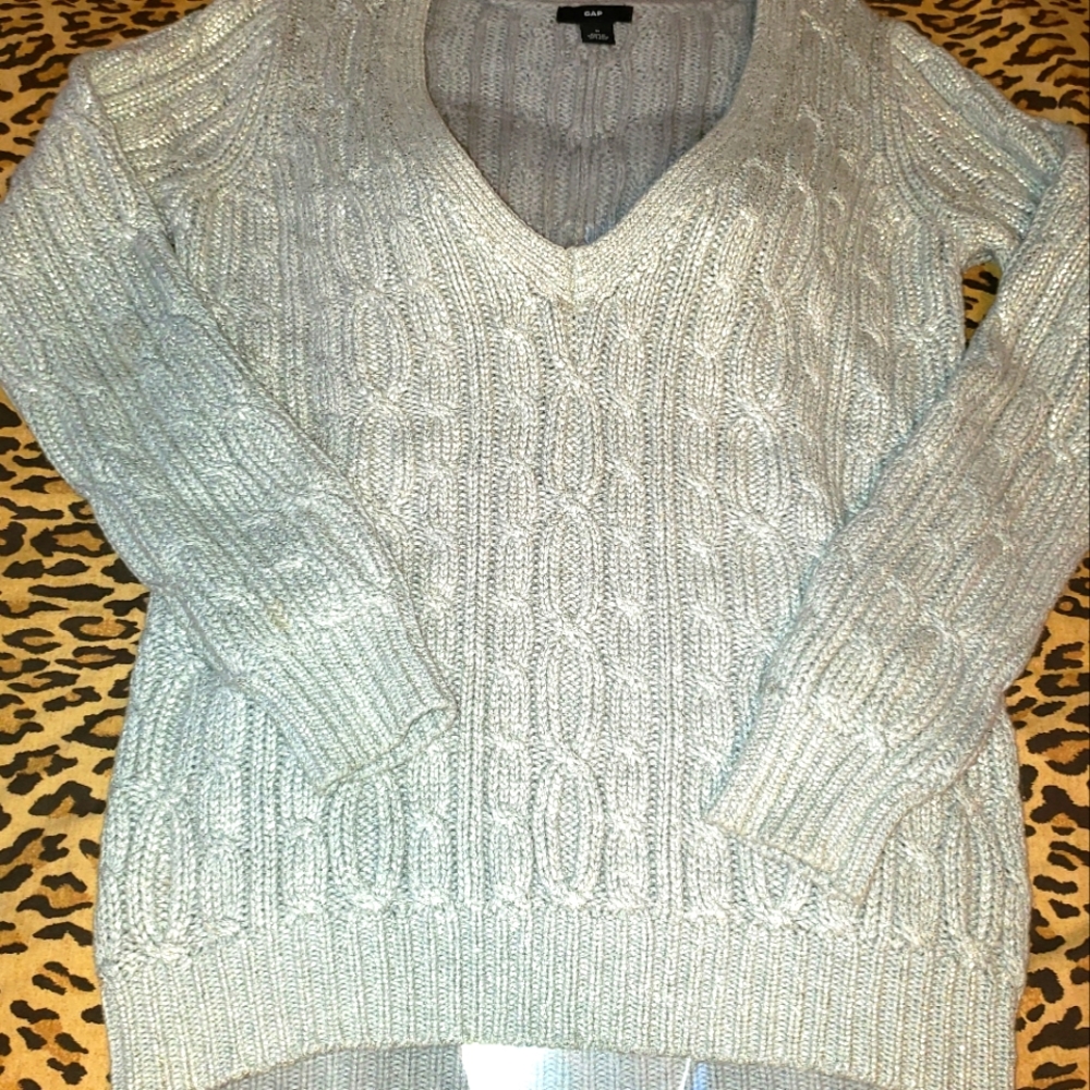 GAP Metallic Gray Cable Knit Deep V-Neck Sweater